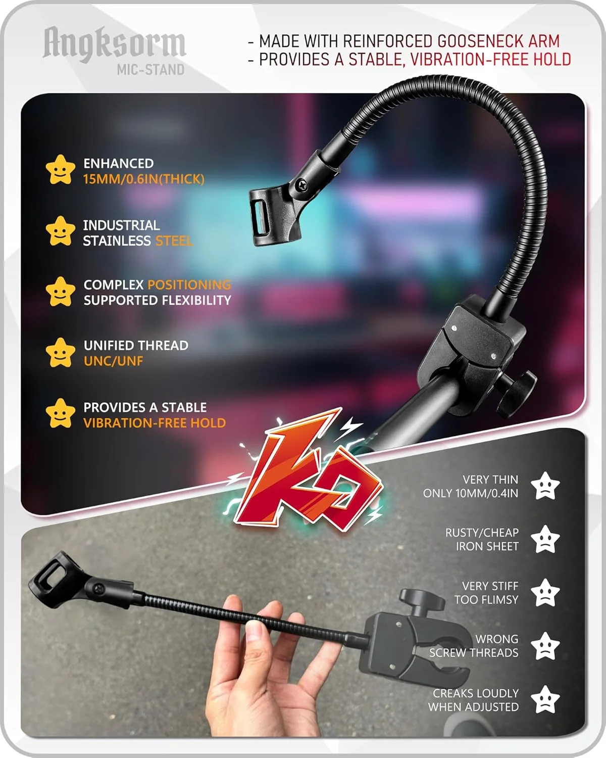 بازوی میکروفون گردن غازی انعطاف پذیر و مقاوم KBC1458 با گیره خرچنگی، پایه میکروفون قابل تنظیم 33 سانتی متری برای سه پایه، پادکست، استریم، بازی، دی جی، درام باس، سخنرانی