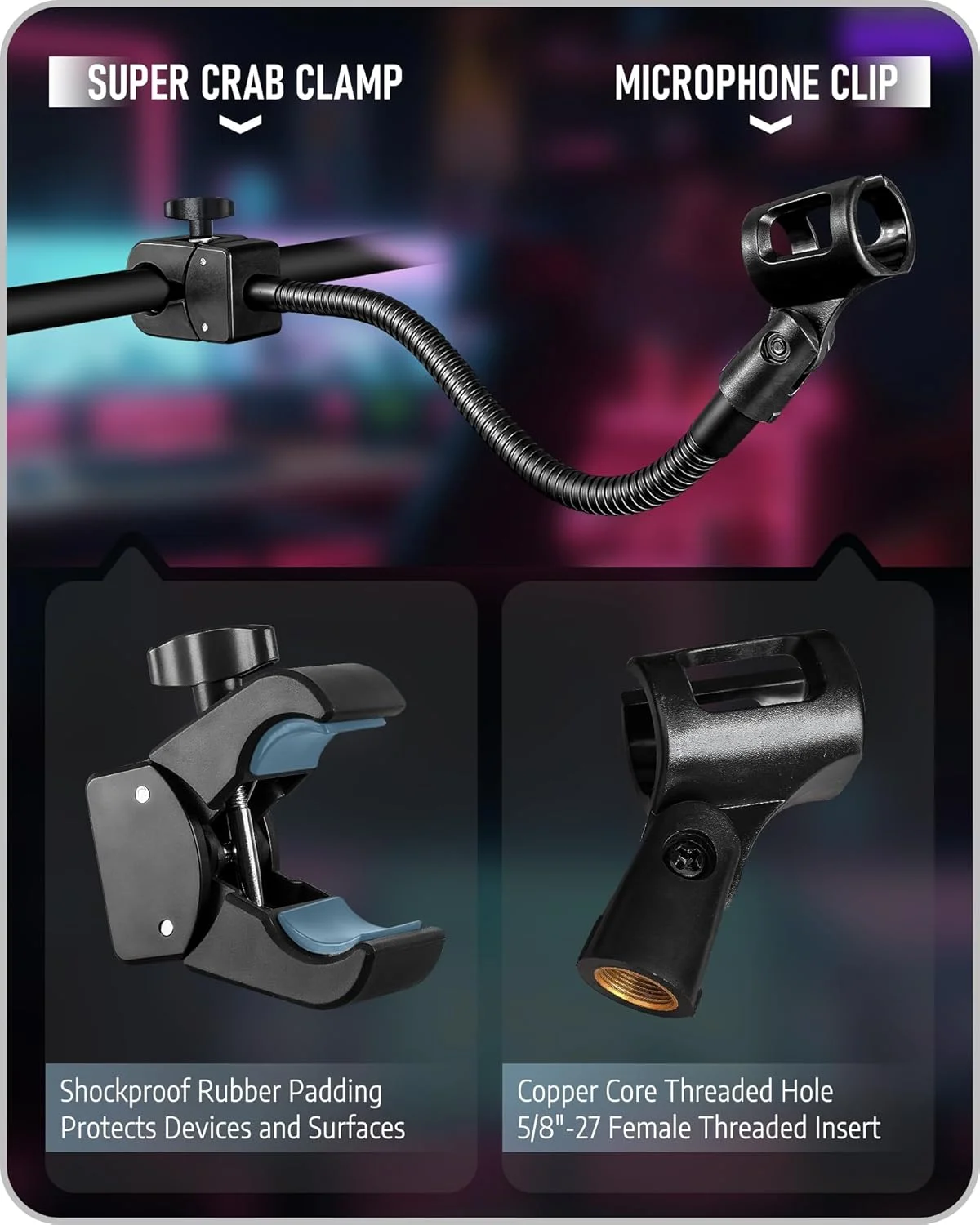 بازوی میکروفون گردن غازی انعطاف پذیر و مقاوم KBC1458 با گیره خرچنگی، پایه میکروفون قابل تنظیم 33 سانتی متری برای سه پایه، پادکست، استریم، بازی، دی جی، درام باس، سخنرانی