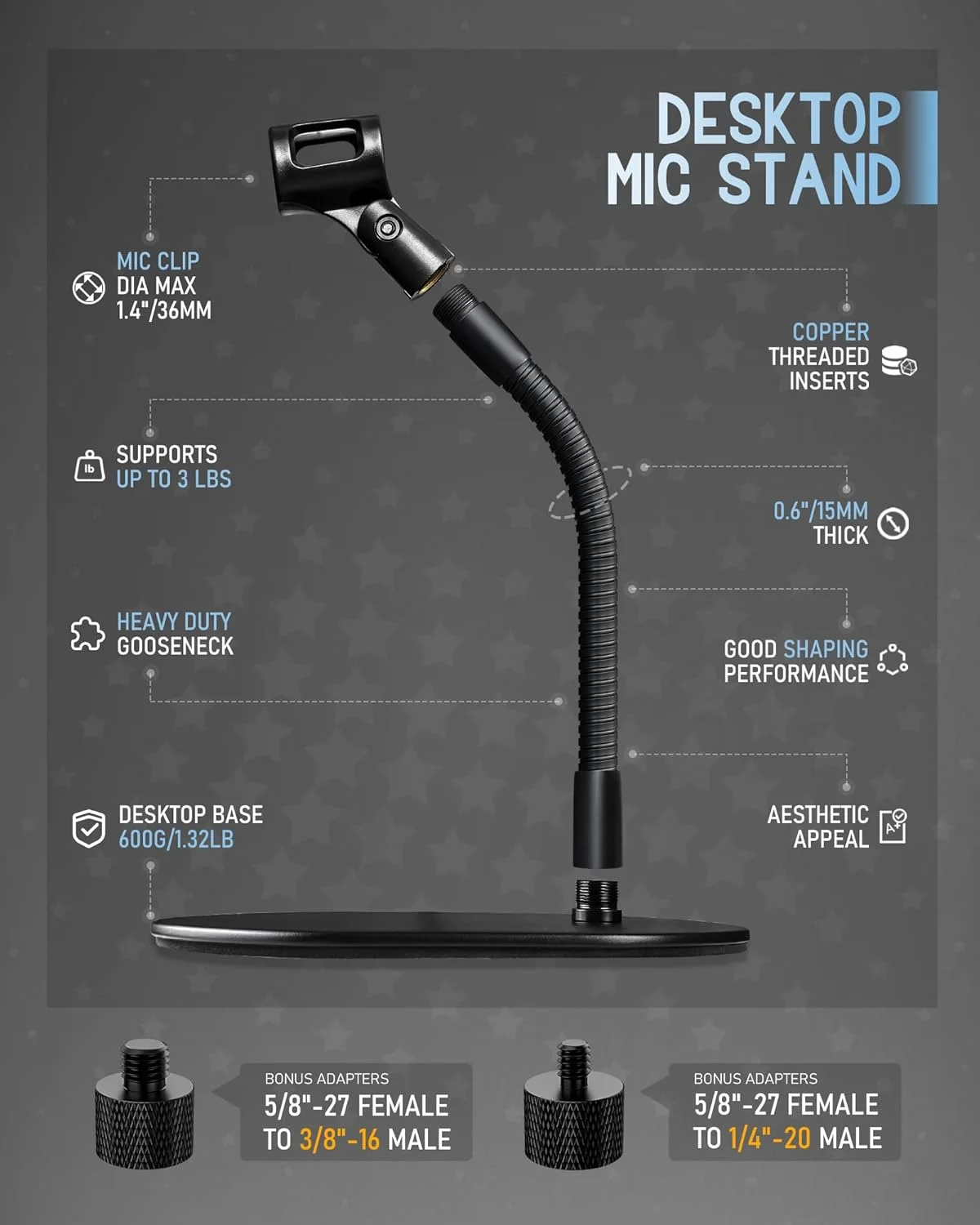 پایه میکروفون رومیزی 6 اینچی - نگهدارنده میکروفون گردن غازی انعطاف پذیر و مقاوم با پایه فلزی بیضی شکل برای استفاده روی میز، تریبون و پیشخوان، مدل KBT58-6