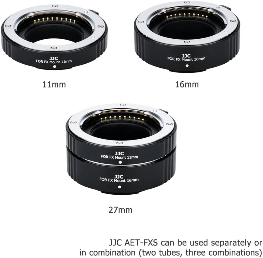 حلقه های افزایش فاصله ماکرو اتوماتیک JJC با اندازه های ۱۱ و ۱۶ میلی متر، مناسب برای دوربین های فوجی فیلم سری X با مانت X مانند X-T20, X-T10, X-T2, X-T1, X-PRO1, X-PRO2, X-H1, X-A1, X-A2, X-A3, X-A5, X-A10, X-M1, X-E1, X-E2, X-E2S, X-E3