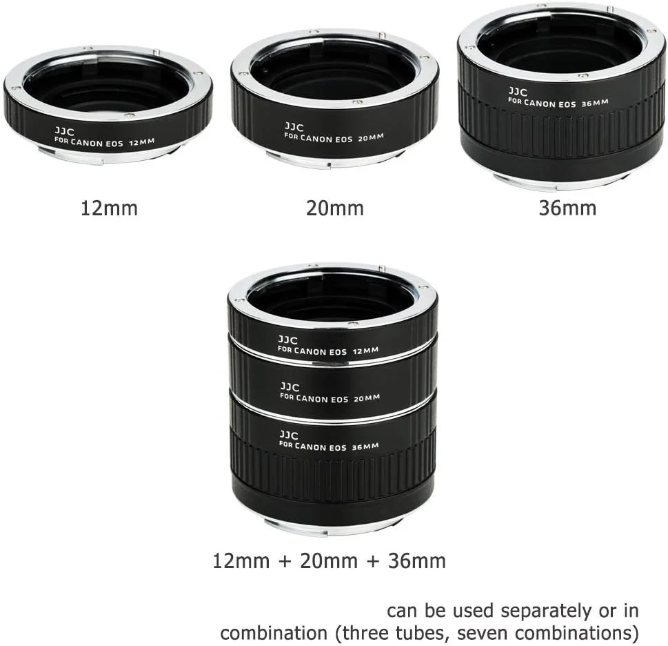 مجموعه لوله های افزایش فاصله کانونی با فوکوس خودکار JJC EF و EF-S Mount برای دوربین های Canon EOS 90D 80D 70D 60D 77D Rebel T6 T7 T5 T8i T7i T6i T6s T5i T4i SL3 SL2 EOS 6D Mark II 7D Mark II 5D Mark IV III 5Ds R 1Dx Mark III و غیره