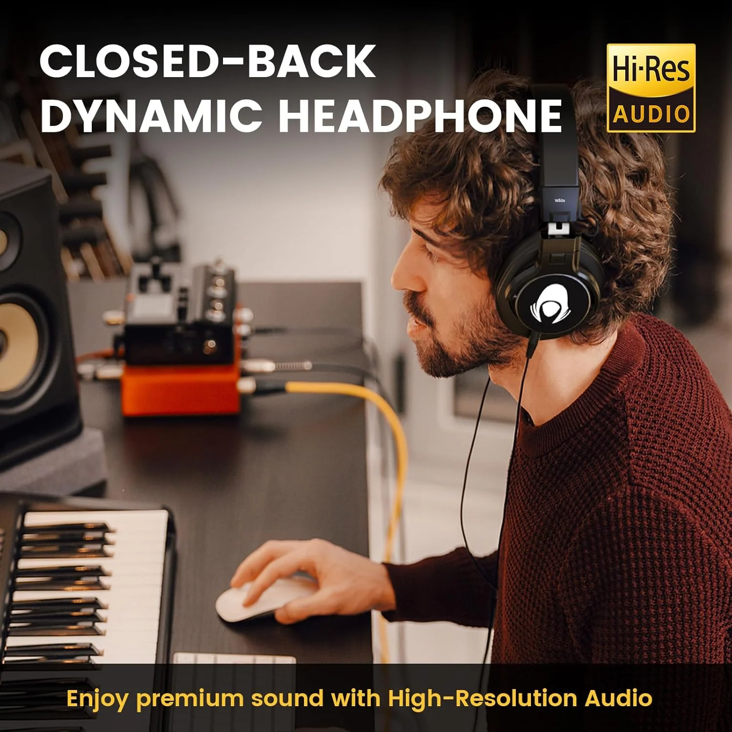هدفون های مانیتورینگ استودیویی حرفه ای پشت بسته، طراحی سیمی دور گوش با کابل های جداشدنی، صدای با کیفیت بالا برای ضبط، میکس، دی جی و مسترینگ - مشکی، W50X