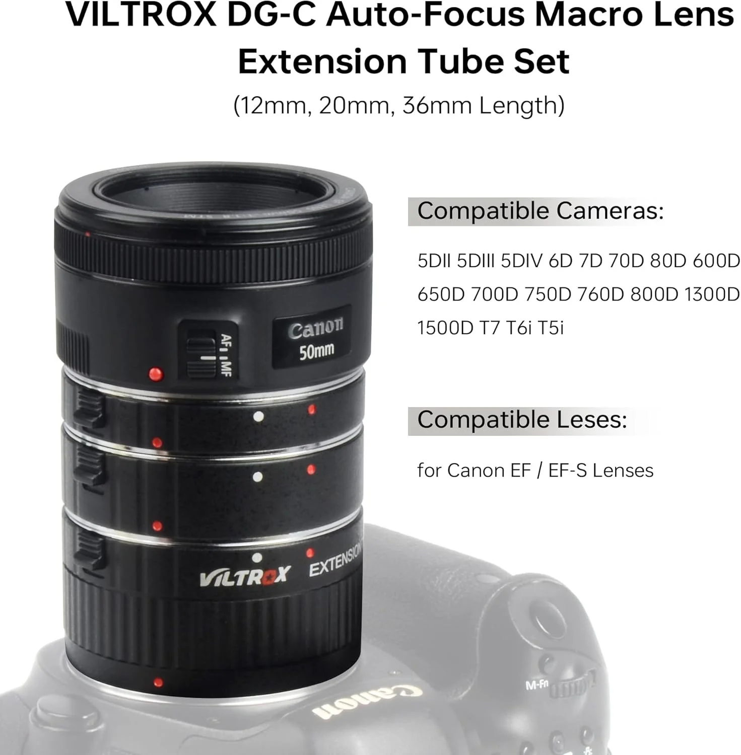 حلقه آداپتور لوله افزایش طول ماکرو با فوکوس خودکار و مانت فلزی VILTROX DG-C (12mm+20mm+36mm) برای لنزهای Canon EF/EF-S و دوربین DSLR