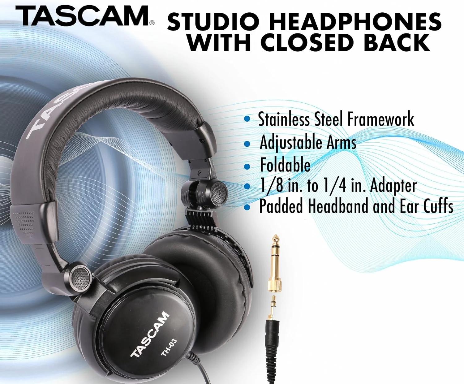 هدفون استودیویی Tascam TH-03 – پشت بسته، پد دار، هدست صوتی حرفه ای قابل تنظیم با آداپتور نوک طلایی 1/8 اینچ به 1/4 اینچ هدفون استودیویی Tascam TH-03 – پشت بسته، پد دار، هدست صوتی حرفه ای قابل تنظیم با آداپتور نوک طلایی 1/8 اینچ به 1/4 اینچ