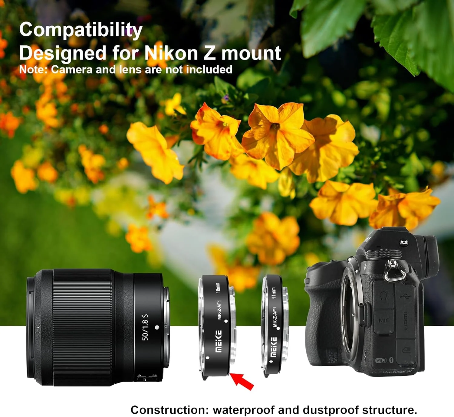 مبدل لوله افزایش طول ماکرو با فوکوس خودکار فلزی Meike MK-Z-AF1 (11mm + 18mm) برای دوربین های نیکون Z5، Z6، Z7، Z50