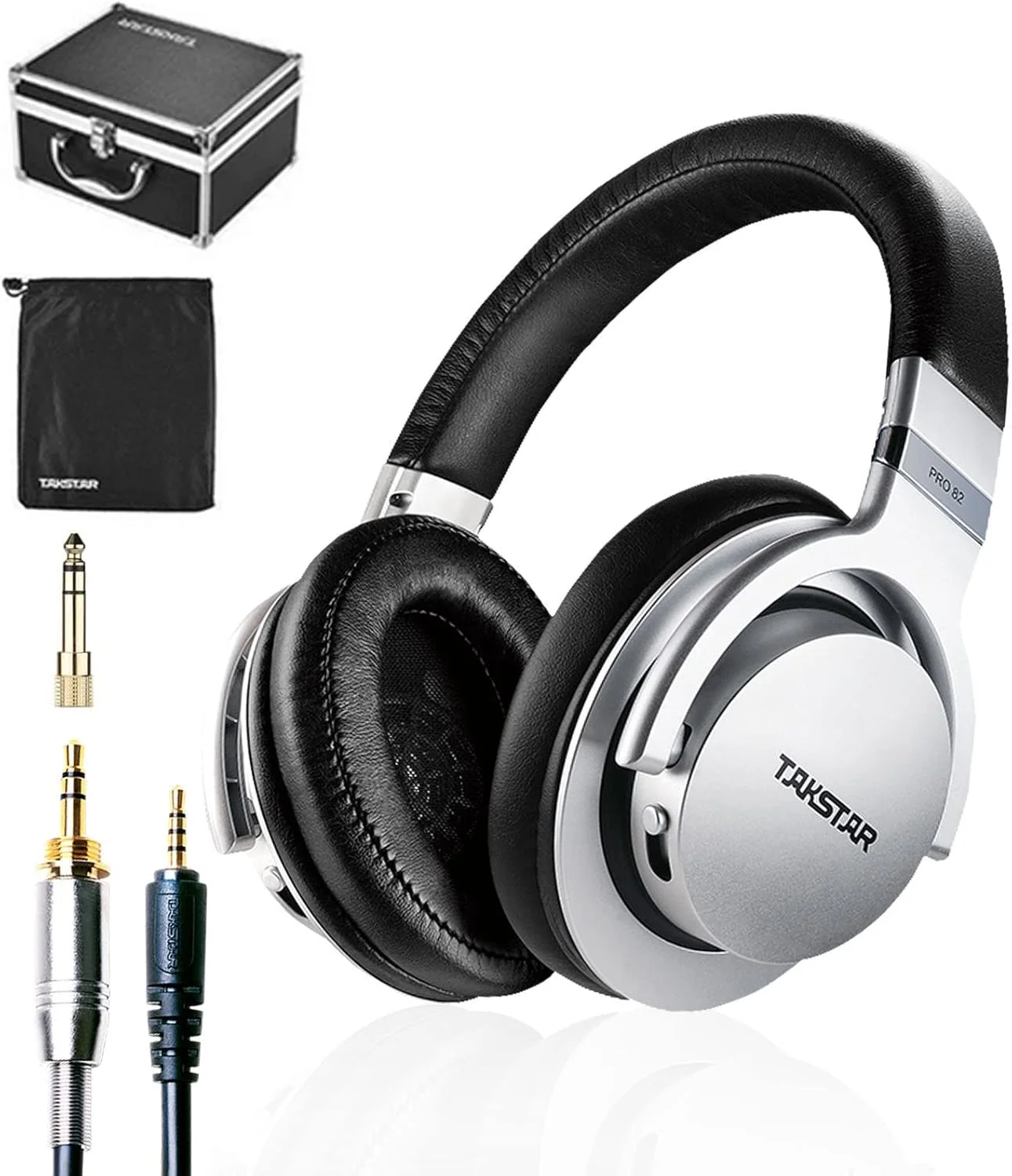 هدفون استودیویی حرفه ای TAKSTAR، هدفون مانیتور سیم دار رو گوشی با تنظیم بیس، پشت بسته و حذف نویز برای تلفن/تبلت/کامپیوتر/مک/لپ تاپ، ضبط پادکست موسیقی PRO 82 - نقره ای