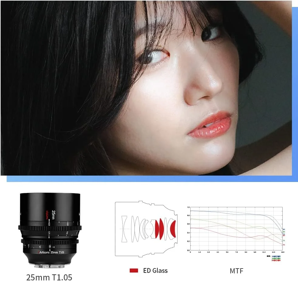 لنز سینمایی 25 میلی‌متری 7artisans با دیافراگم باز T1.05، زاویه دید عریض، فوکوس دستی و کمترین اعوجاج، سازگار با دوربین‌های بدون آینه Sony E Mount، مشکی