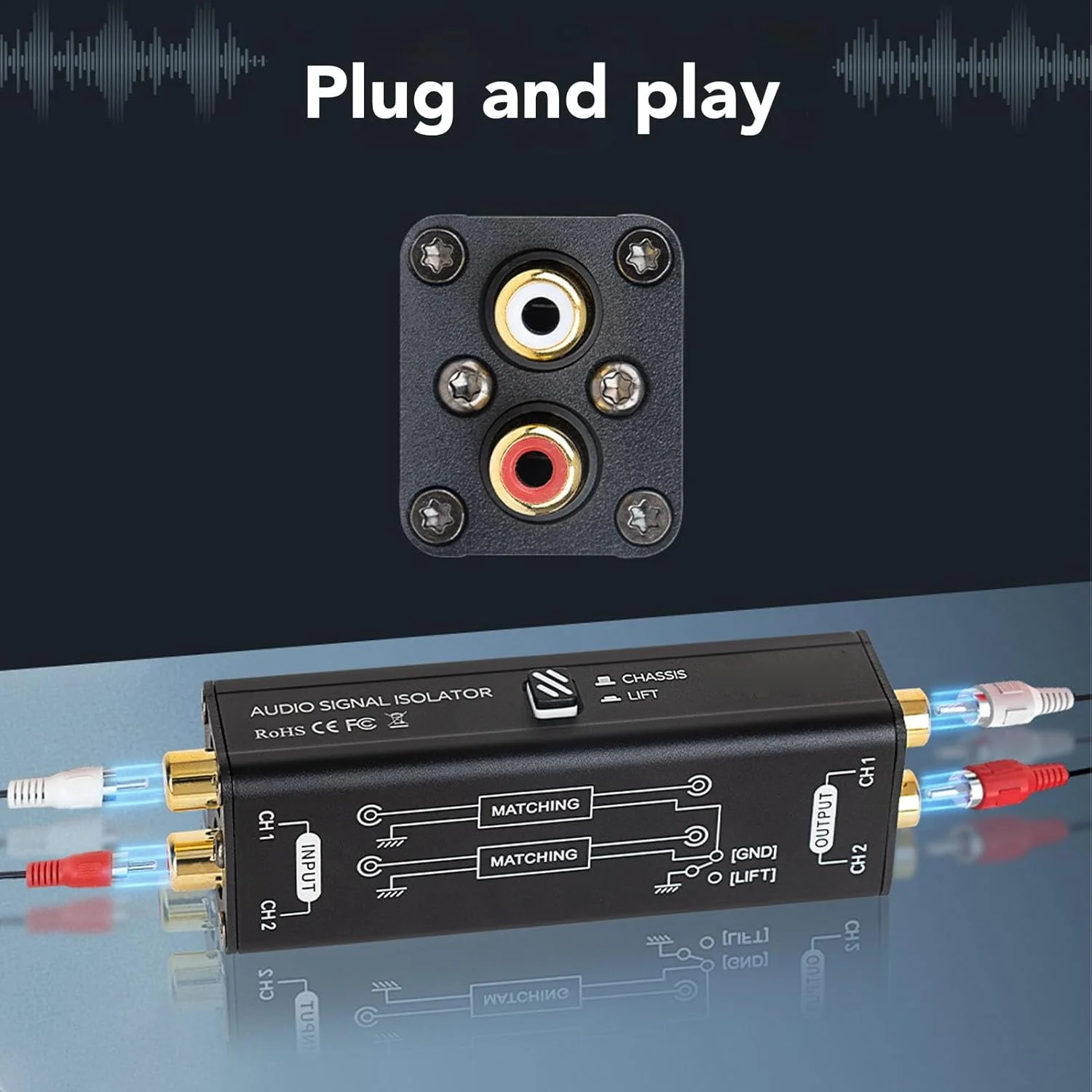 حذف کننده نویز گراند لوپ حرفه ای، حذف کننده هام استریو 600Ω، ایزولاسیون 1500 ولت صدای Hi-Fi برای سیستم های خودرو/خانه/استودیو