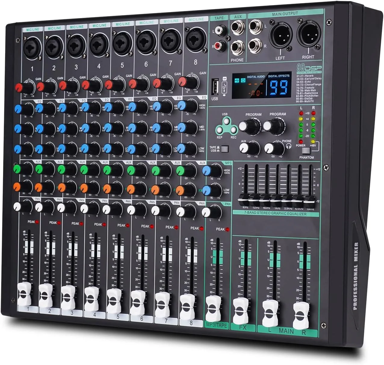 میکسر کنترلر دی‌جی MIX-8، میکسر صوتی دی‌جی 8 کانال ورودی با DPS 99 بیتی و تراشه اکولایزر 7 قسمتی، بلوتوث، ضبط USB و پخش MP3 برای استیج، بار، استودیو