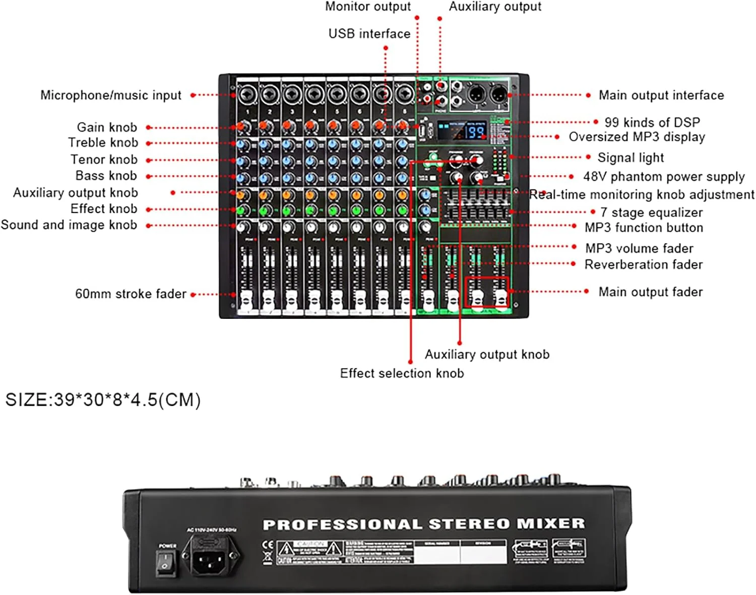 میکسر کنترلر دی‌جی MIX-8، میکسر صوتی دی‌جی 8 کانال ورودی با DPS 99 بیتی و تراشه اکولایزر 7 قسمتی، بلوتوث، ضبط USB و پخش MP3 برای استیج، بار، استودیو