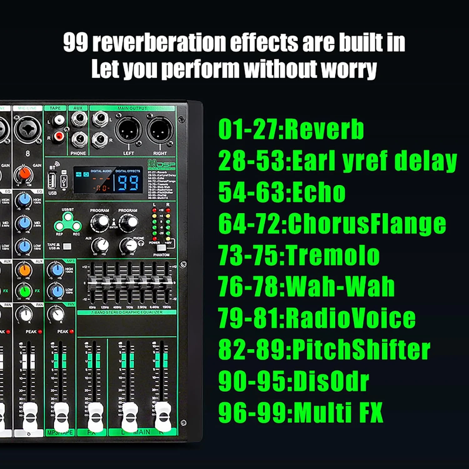 میکسر کنترلر دی‌جی MIX-8، میکسر صوتی دی‌جی 8 کانال ورودی با DPS 99 بیتی و تراشه اکولایزر 7 قسمتی، بلوتوث، ضبط USB و پخش MP3 برای استیج، بار، استودیو