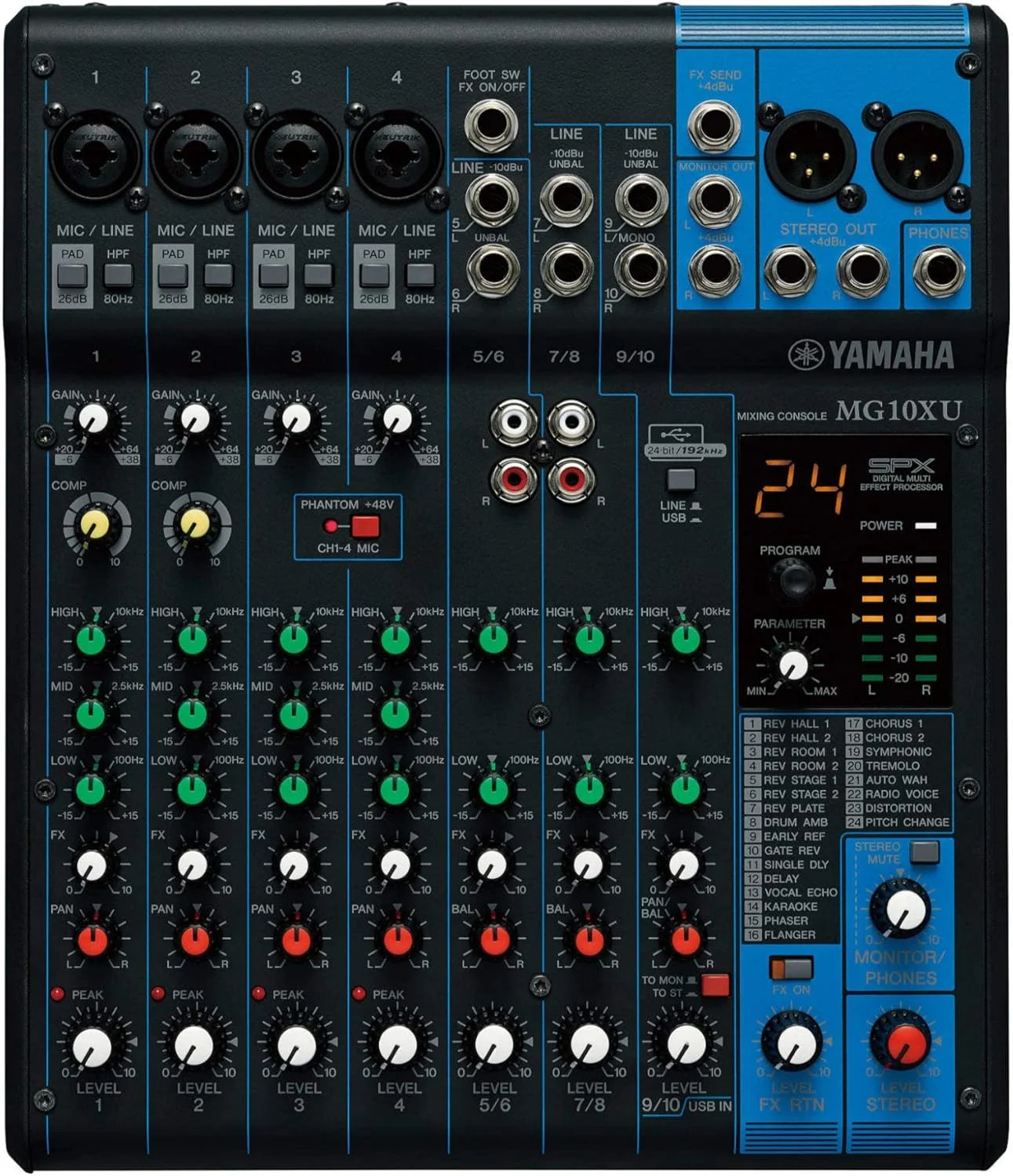 میکسر آنالوگ 10 کانال یاماها MG10XU، با 4 پری امپ میکروفون، 3 کانال استریو اختصاصی، 1 خروجی AUX، اکولایزر، کمپرسورهای تک دکمه ای و افکت های دیجیتال
