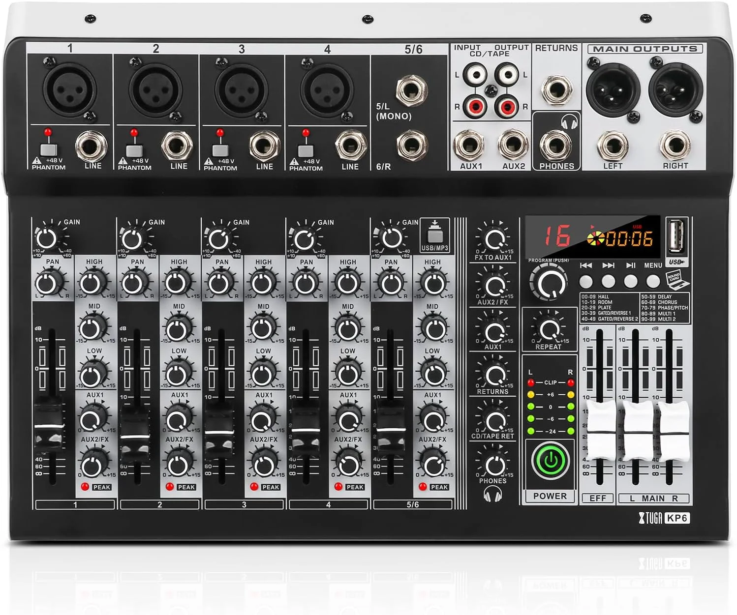 میکسر صوتی 6 کاناله XTUGA KP6، رابط صوتی USB با افکت DSP 16 بیتی +48V فانتوم بلوتوث برای استودیو خانگی، ضبط زنده و تجهیزات ضبط