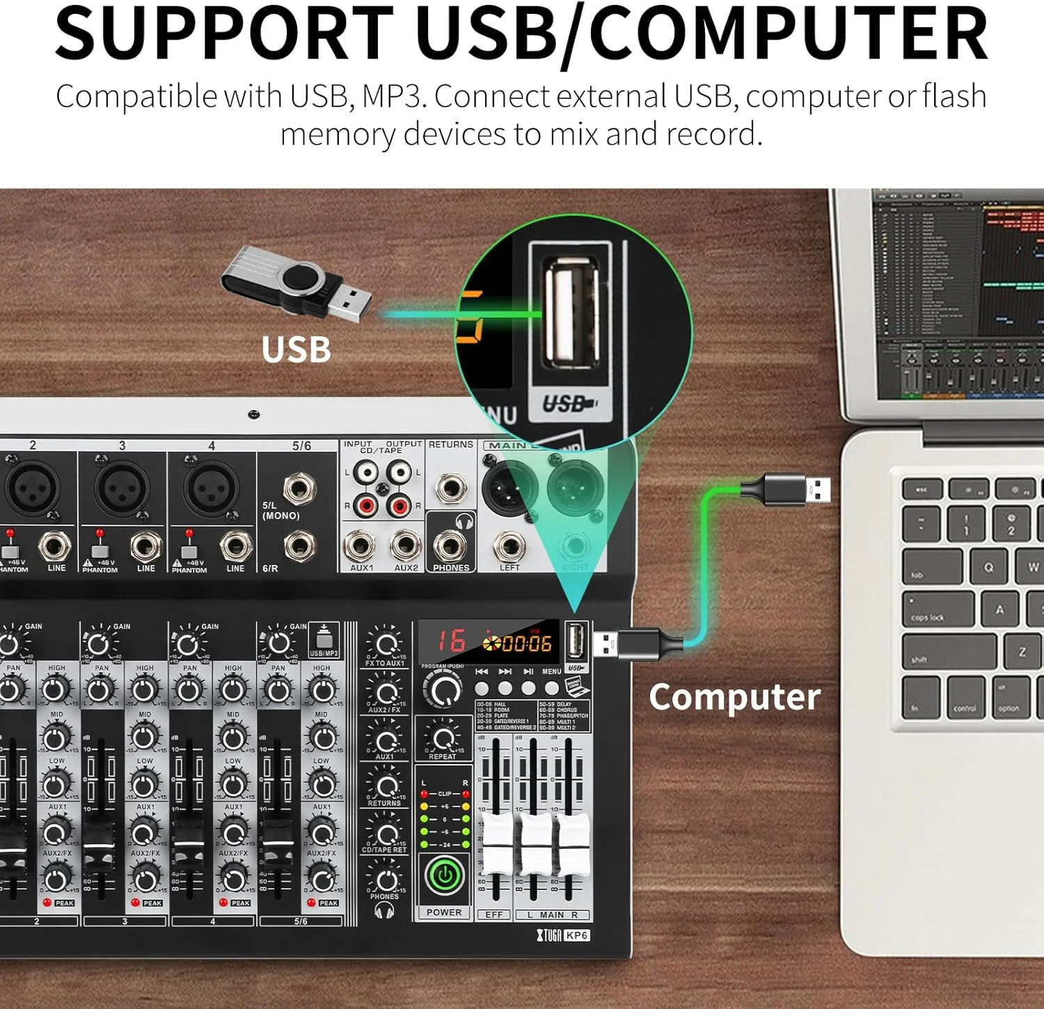 میکسر صوتی 6 کاناله XTUGA KP6، رابط صوتی USB با افکت DSP 16 بیتی +48V فانتوم بلوتوث برای استودیو خانگی، ضبط زنده و تجهیزات ضبط