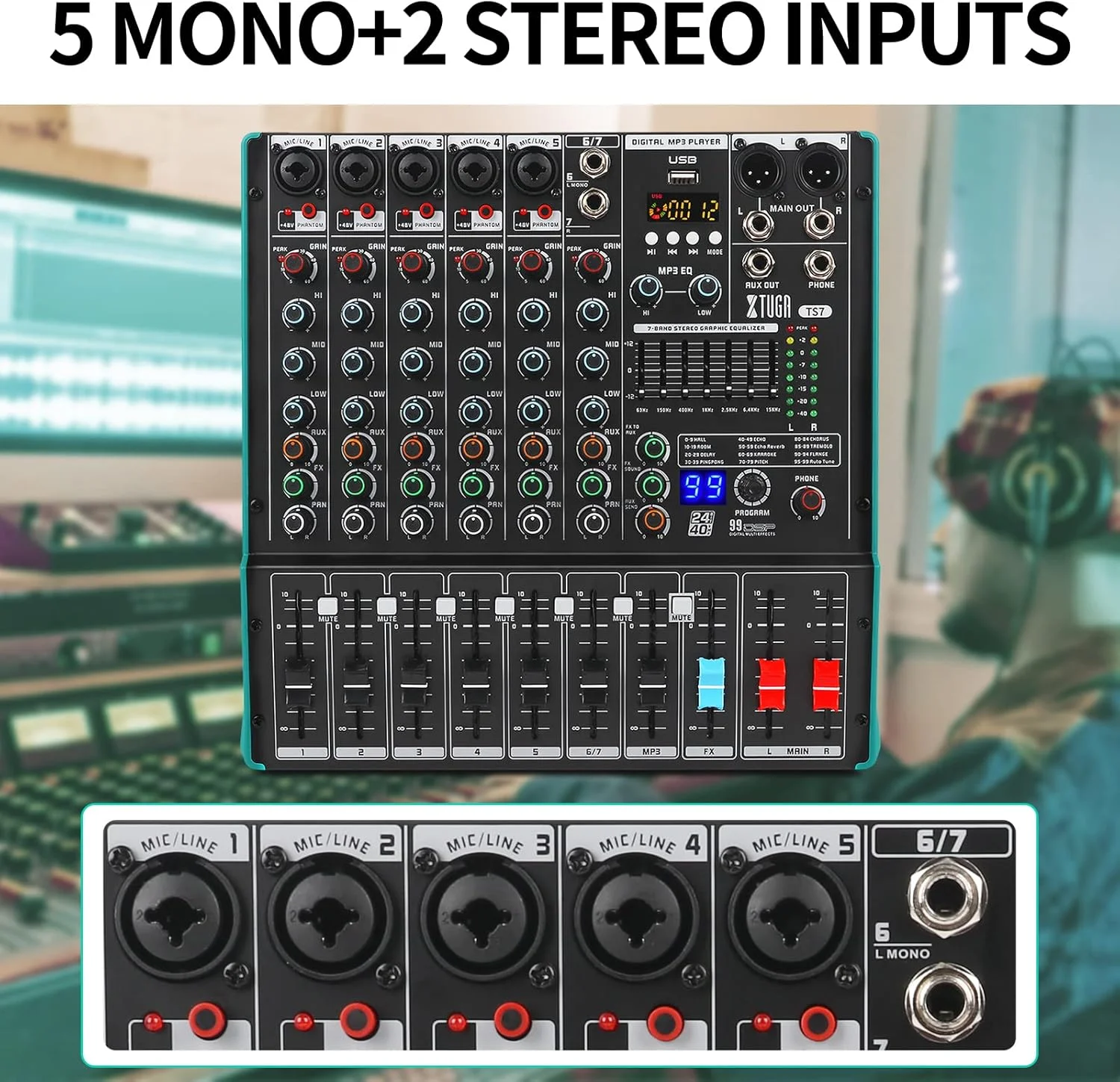 میکسر صوتی حرفه ای XTUGA TS7، کنسول برد صدا 7 کاناله با اکولایزر 7 باندی، فانتوم پاور 48 ولت مستقل، رابط USB بلوتوث برای ضبط استودیو/دی جی/مهمانی