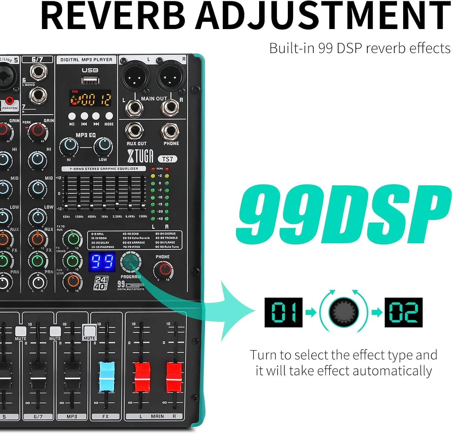 میکسر صوتی حرفه ای XTUGA TS7، کنسول برد صدا 7 کاناله با اکولایزر 7 باندی، فانتوم پاور 48 ولت مستقل، رابط USB بلوتوث برای ضبط استودیو/دی جی/مهمانی