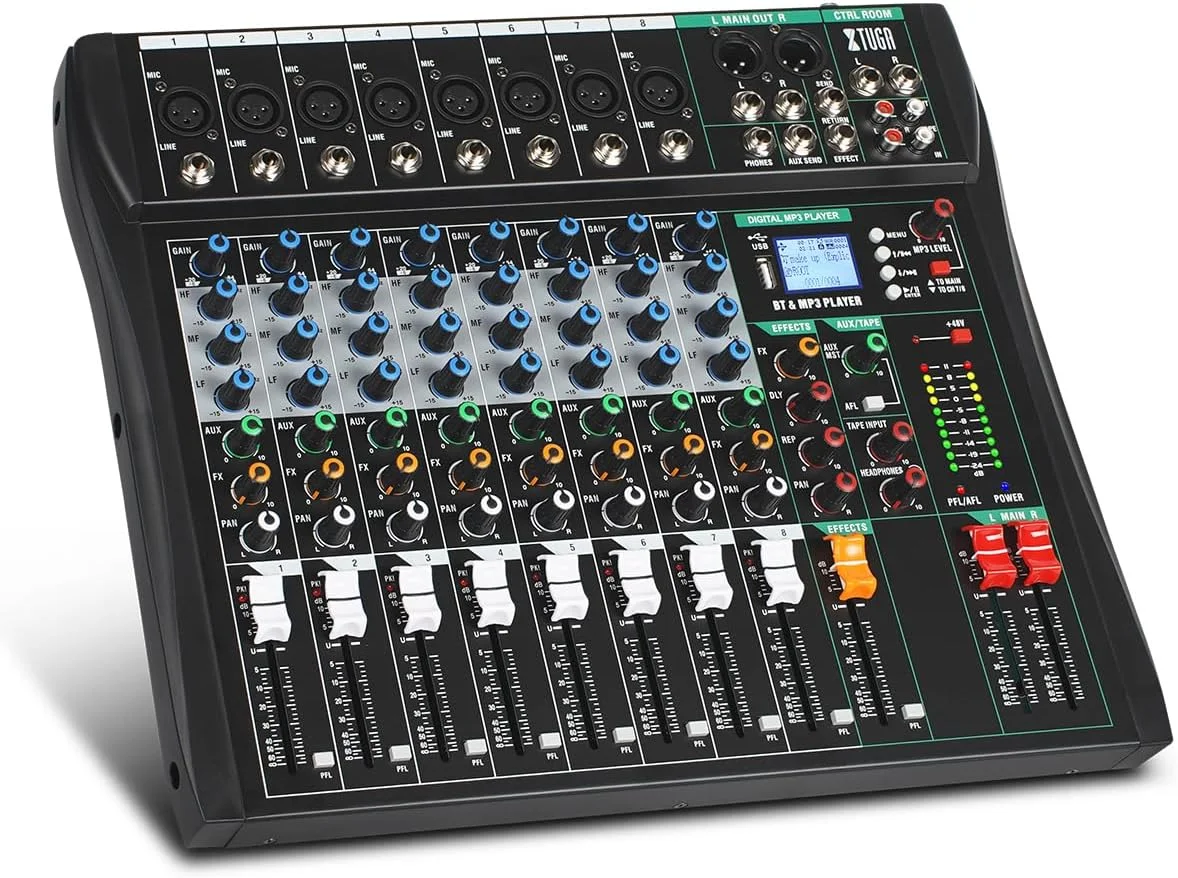 میکسر صوتی XTUGA برای کامپیوتر، میکسر DJ، کنسول برد صدا 8 کانال، افکت دیجیتال داخلی، رابط استودیویی بلوتوث با فانتوم پاور 48 ولت، ورودی خروجی RCA، MP3 EQ (CT-8)