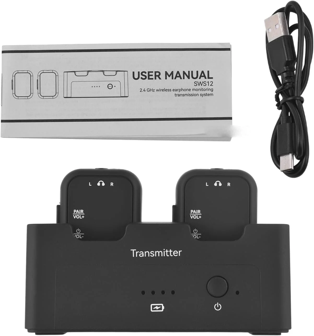 سیستم مانیتور داخل گوشی بی سیم با گیرنده فرستنده کلیپسی، جفت شدن خودکار، سیستم استریو 2.4 گیگاهرتز IEM تاخیر کم برای گیتار، استودیو و اجرای زنده مدل SWS-12 یک به چند