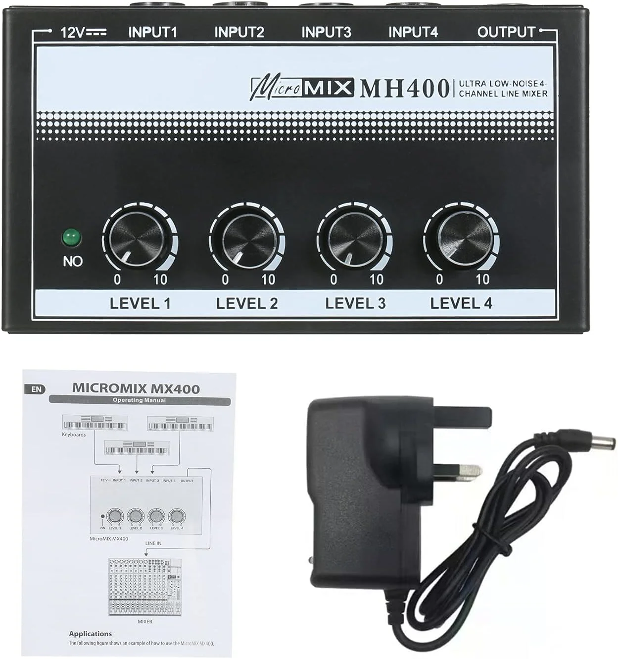 میکسر خطی 4 کاناله فوق العاده کم نویز Weisy MH400 مینی میکسر صدا با ورودی و خروجی TS 1/4 اینچی و کنترل حجم صدا برای گیتار، بیس و کیبورد