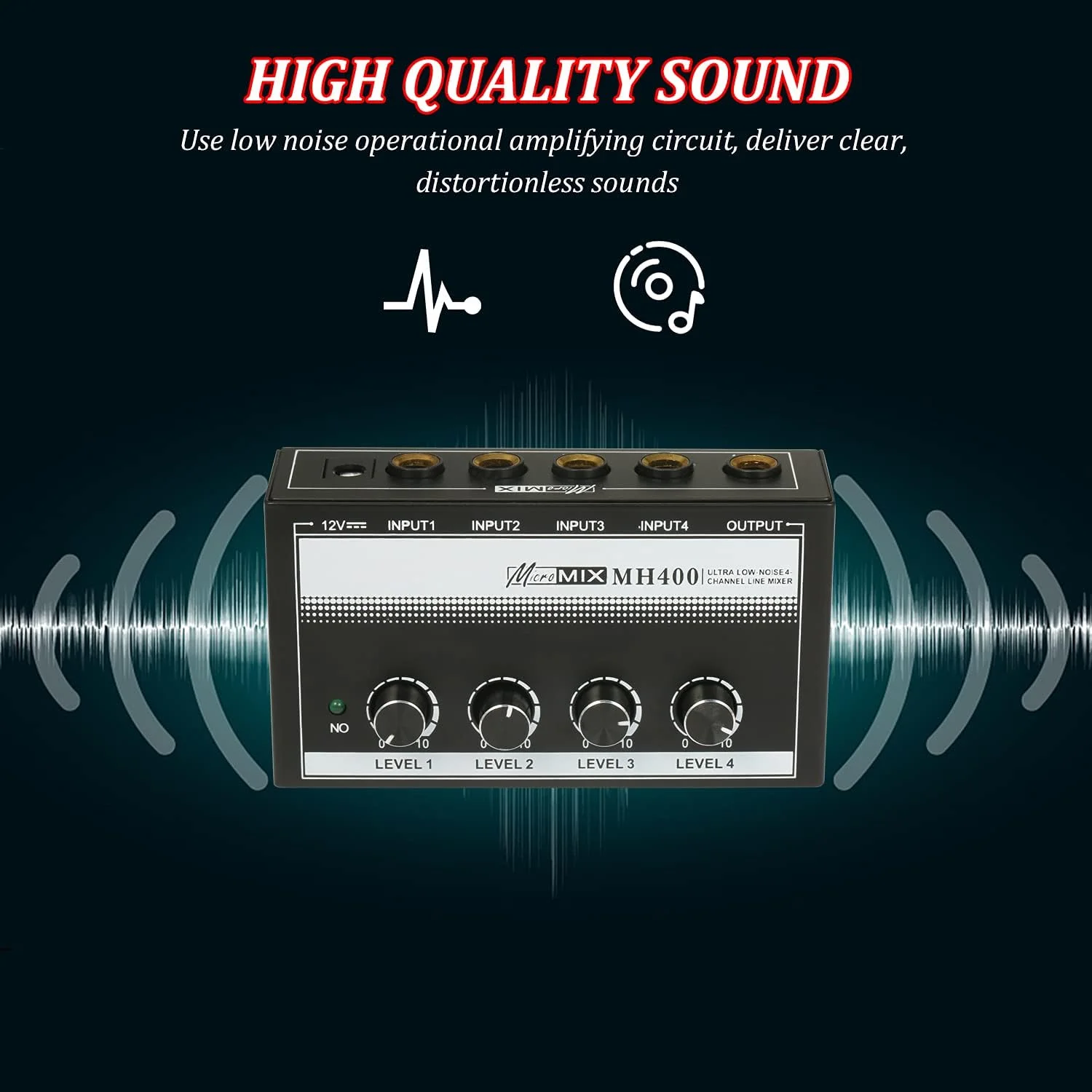 میکسر خطی 4 کاناله فوق العاده کم نویز Weisy MH400 مینی میکسر صدا با ورودی و خروجی TS 1/4 اینچی و کنترل حجم صدا برای گیتار، بیس و کیبورد