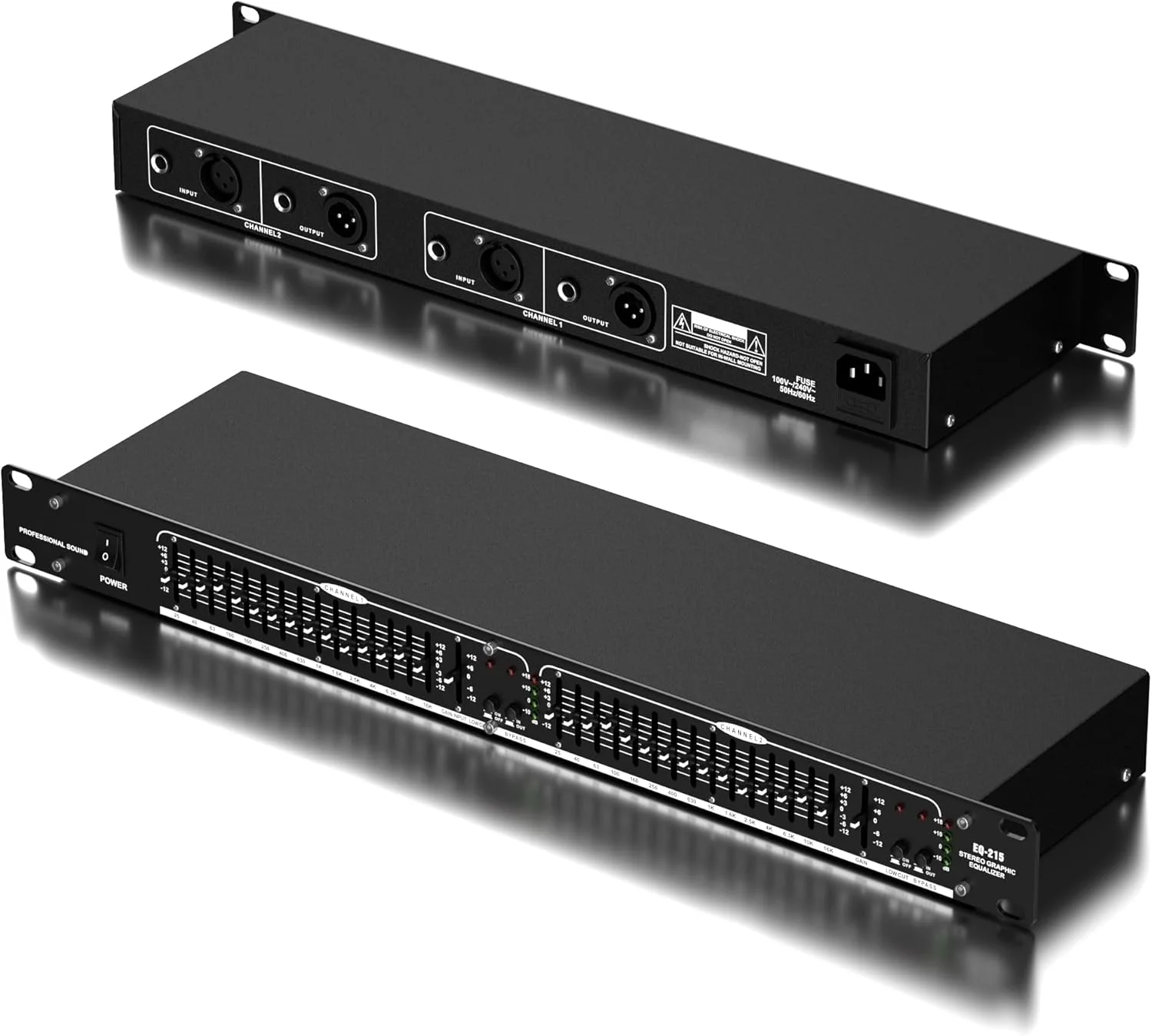 اکولایزر گرافیکی استریو دو کاناله 15 باندی EQ-215 مشکی، قابل نصب در رک 1U با حذف نویز و سوئیچ بای‌پس