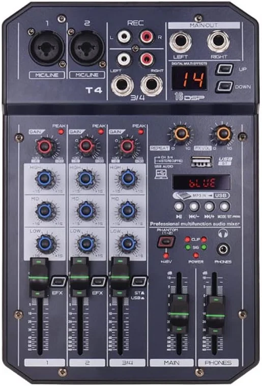 میکسر صوتی کارت صدای 4 کاناله قابل حمل VejiA T4 با 16 DSP داخلی، فانتوم پاور 48 ولت، پشتیبانی از اتصال BT و MP3