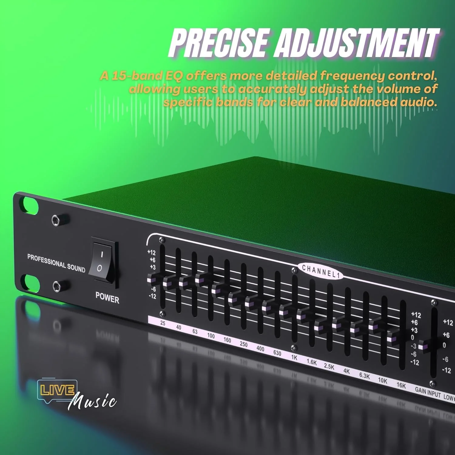 اکولایزر گرافیکی استریو دو کاناله 15 باندی EQ-215 مشکی، قابل نصب در رک 1U با حذف نویز و سوئیچ بای‌پس