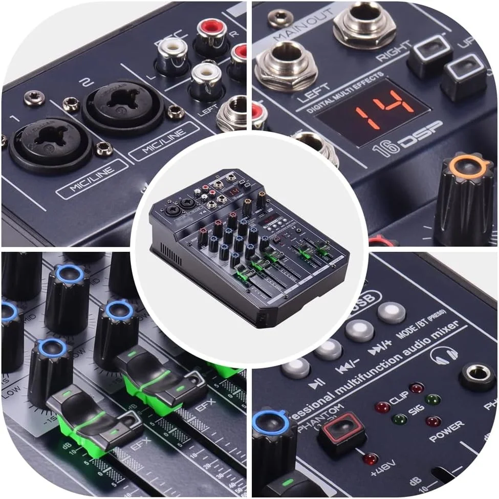 میکسر صوتی کارت صدای 4 کاناله قابل حمل VejiA T4 با 16 DSP داخلی، فانتوم پاور 48 ولت، پشتیبانی از اتصال BT و MP3