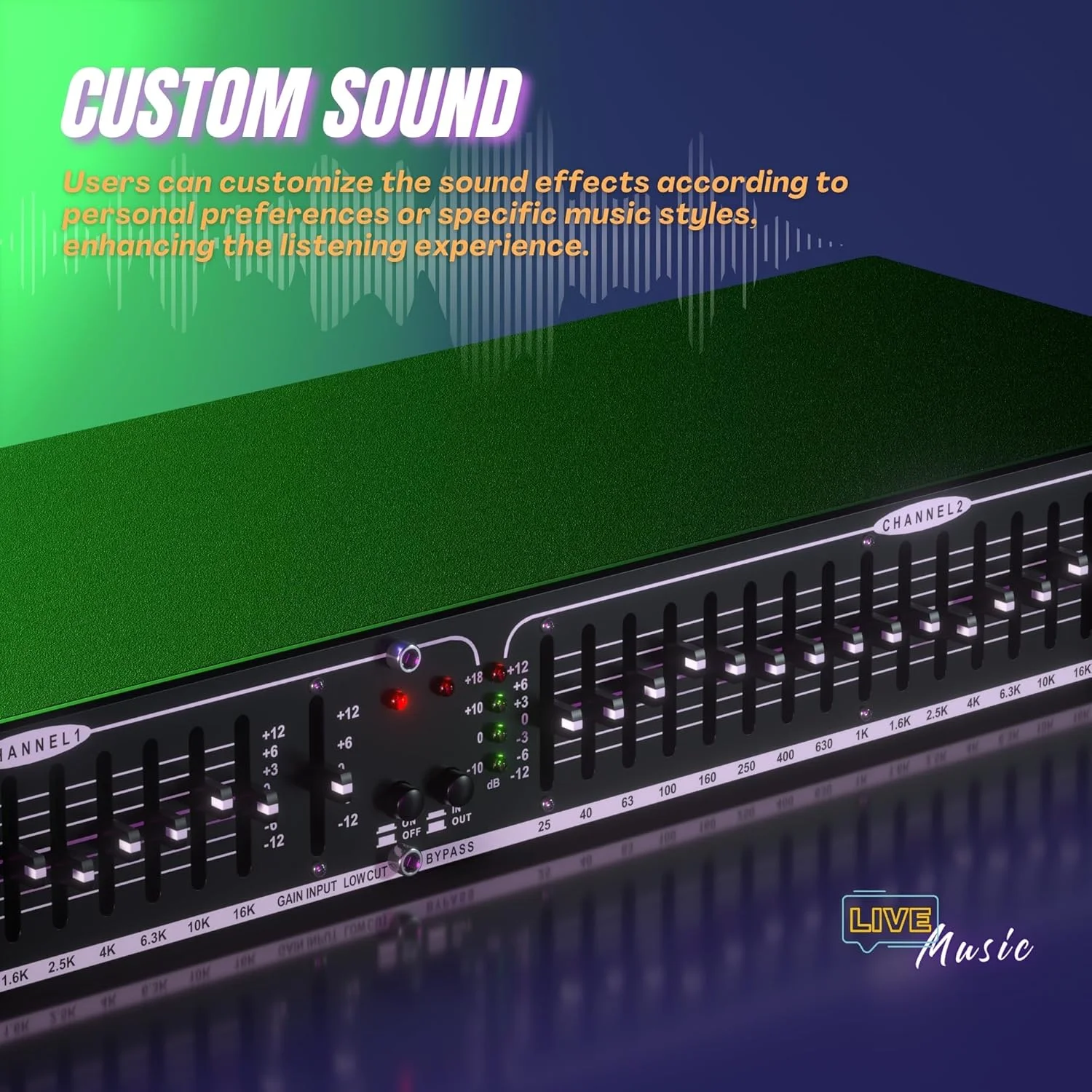 اکولایزر گرافیکی استریو دو کاناله 15 باندی EQ-215 مشکی، قابل نصب در رک 1U با حذف نویز و سوئیچ بای‌پس