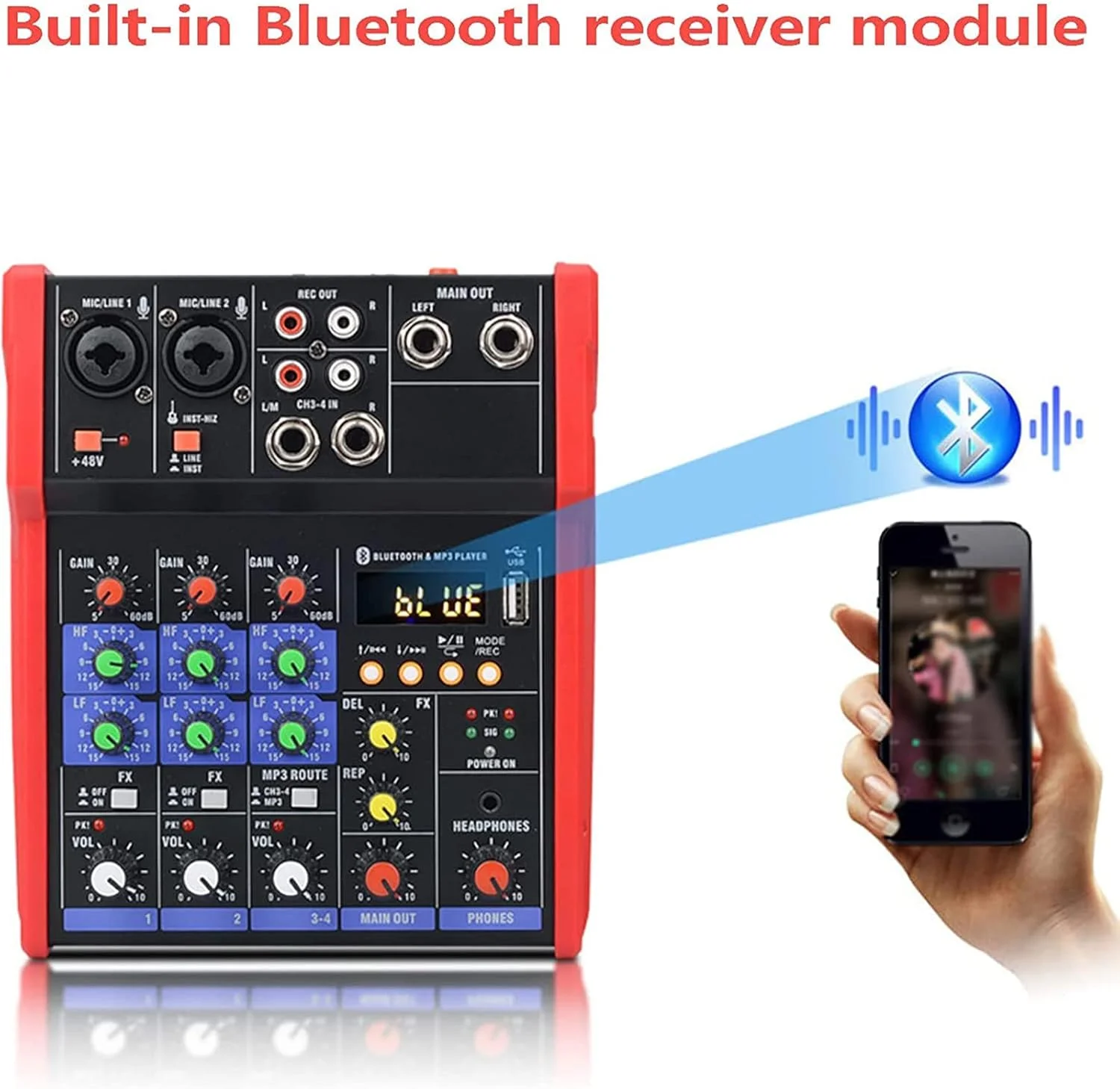 میکسر حرفه ای 4 کاناله DJ TsoLay، کارت صدای کوچک زنده با افکت Reverb، میکسر صوتی با بلوتوث و ضبط USB، افکت reverb داخلی، جک صوتی 2 در 1، دکمه تنظیم reverb، برای استودیو مهمانی