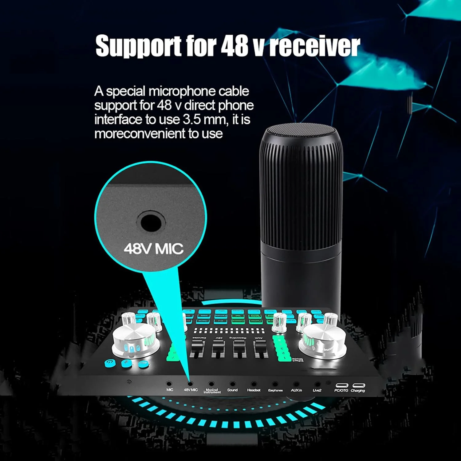 میکسر صوتی حرفه ای TsoLay، کارت صدای بلوتوث قابل حمل با رابط میکروفون 3.5 میلی متری، 12 افکت، کاهش نویز هوشمند، تنظیمات زیر و بم صدا، برای ضبط موسیقی، کارائوکه و آواز