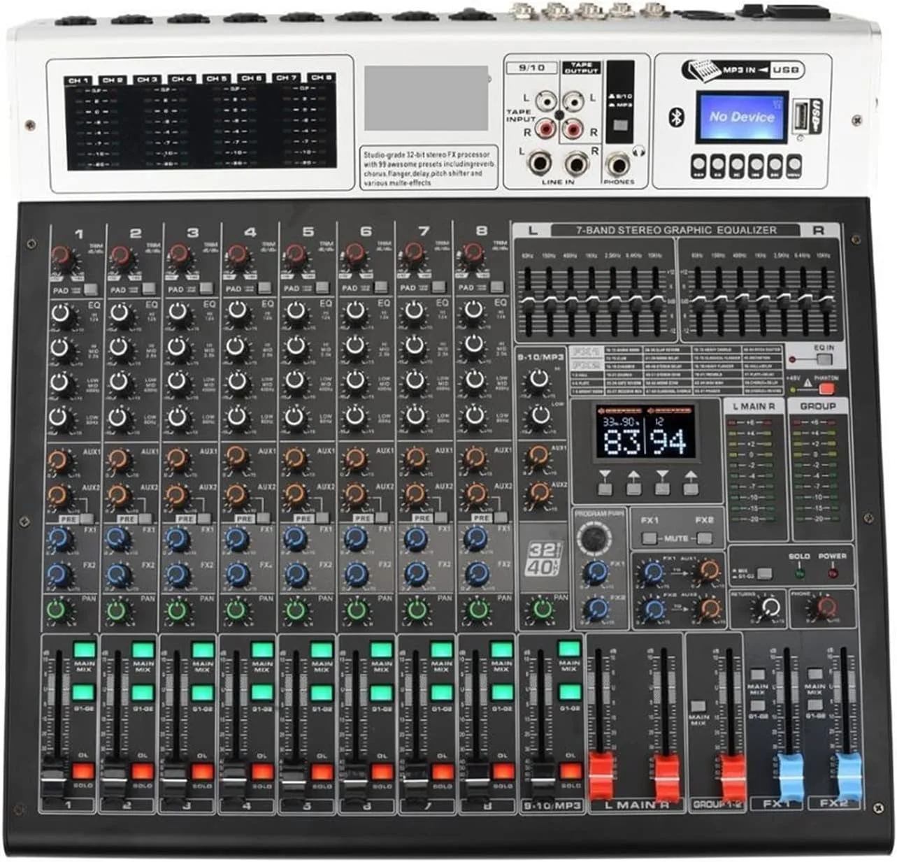 میکسر صوتی حرفه ای ADM-GBA10، 10 کانال با فانتوم پاور، افکت تکرار، پخش و ضبط USB، اتصال بلوتوث، کنسول DJ کارائوکه، میکسر صوتی 99DSP برای طیف گسترده ای از کاربردها