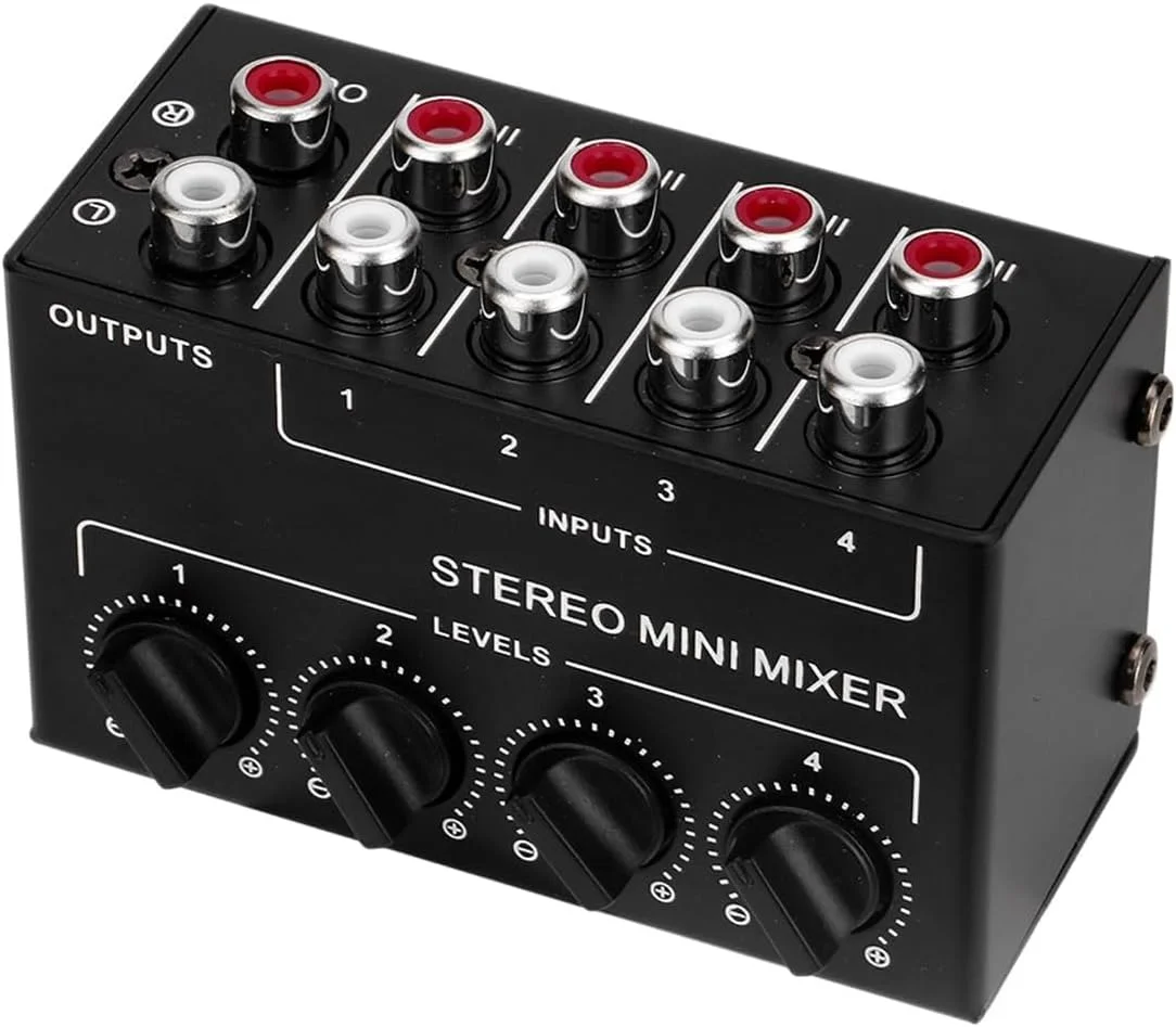 میکسر صوتی استریو 4 کاناله با پشتیبانی از ورودی و خروجی RCA و کنترل حجم صدای جداگانه