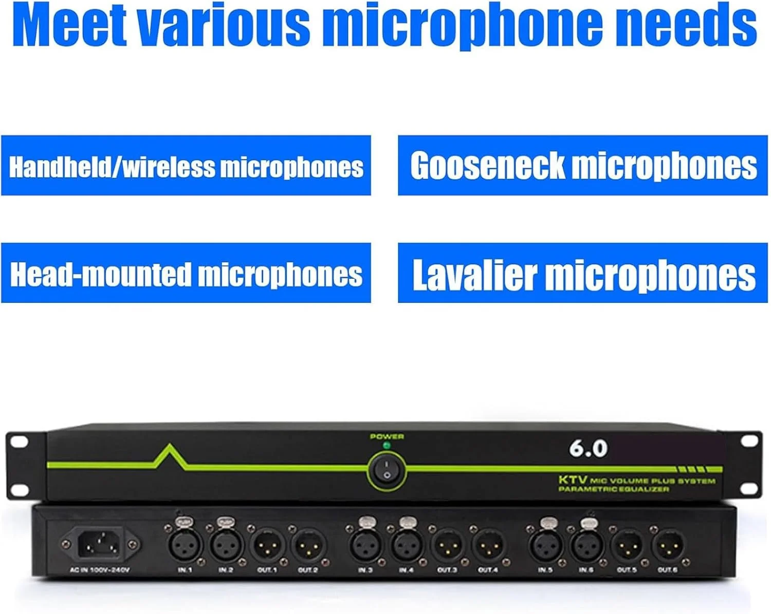 حذف کننده فیدبک 6 ورودی و 6 خروجی، شیفتر فرکانس ضد فیدبک میکروفون حرفه ای، پردازنده صوتی کنفرانس، افکتور میکروفون استیج KTV، برای اجرا، تئاتر، سینما، بار