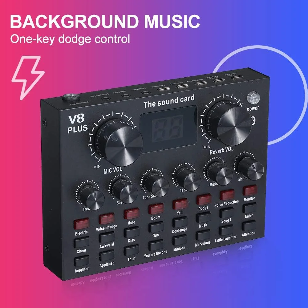 کارت صدا V8 Plus با کابل صوتی، کابل USB، افکت های صوتی همراه BT، یونیورسال برای تلفن و کامپیوتر