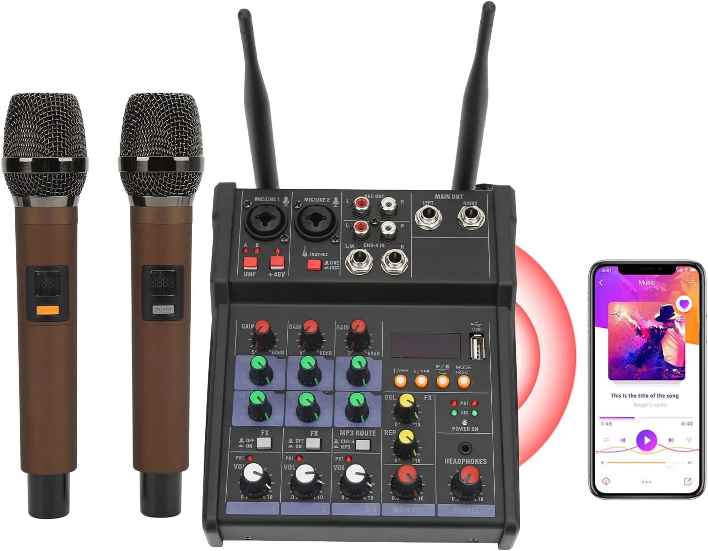 میکسر صوتی حرفه ای سوراندی، میکسر صدا 4 کاناله با میکروفون بی سیم دوتایی، ورودی USB بلوتوث MP3 دیجیتال، پردازنده میکس استریو DJ برای مهمانی کارائوکه خانگی