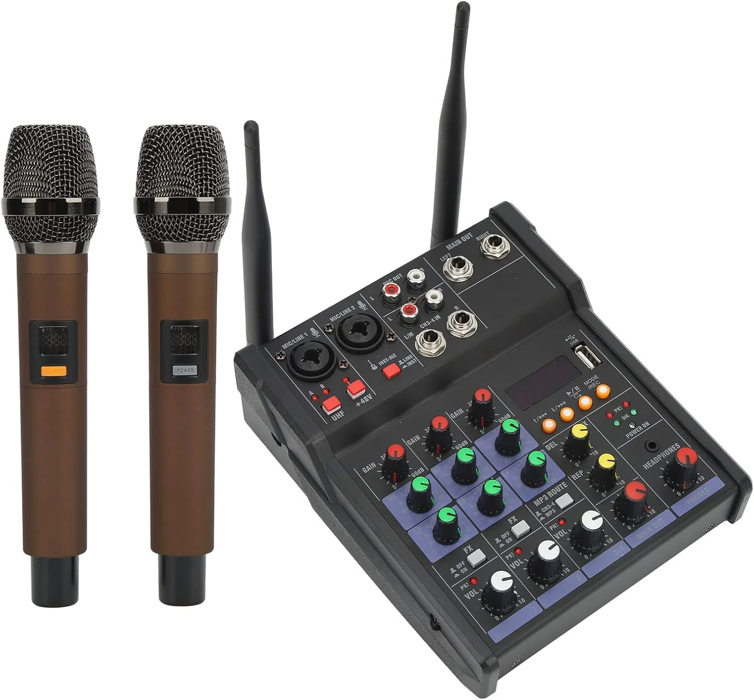 میکسر صوتی حرفه ای سوراندی، میکسر صدا 4 کاناله با میکروفون بی سیم دوتایی، ورودی USB بلوتوث MP3 دیجیتال، پردازنده میکس استریو DJ برای مهمانی کارائوکه خانگی