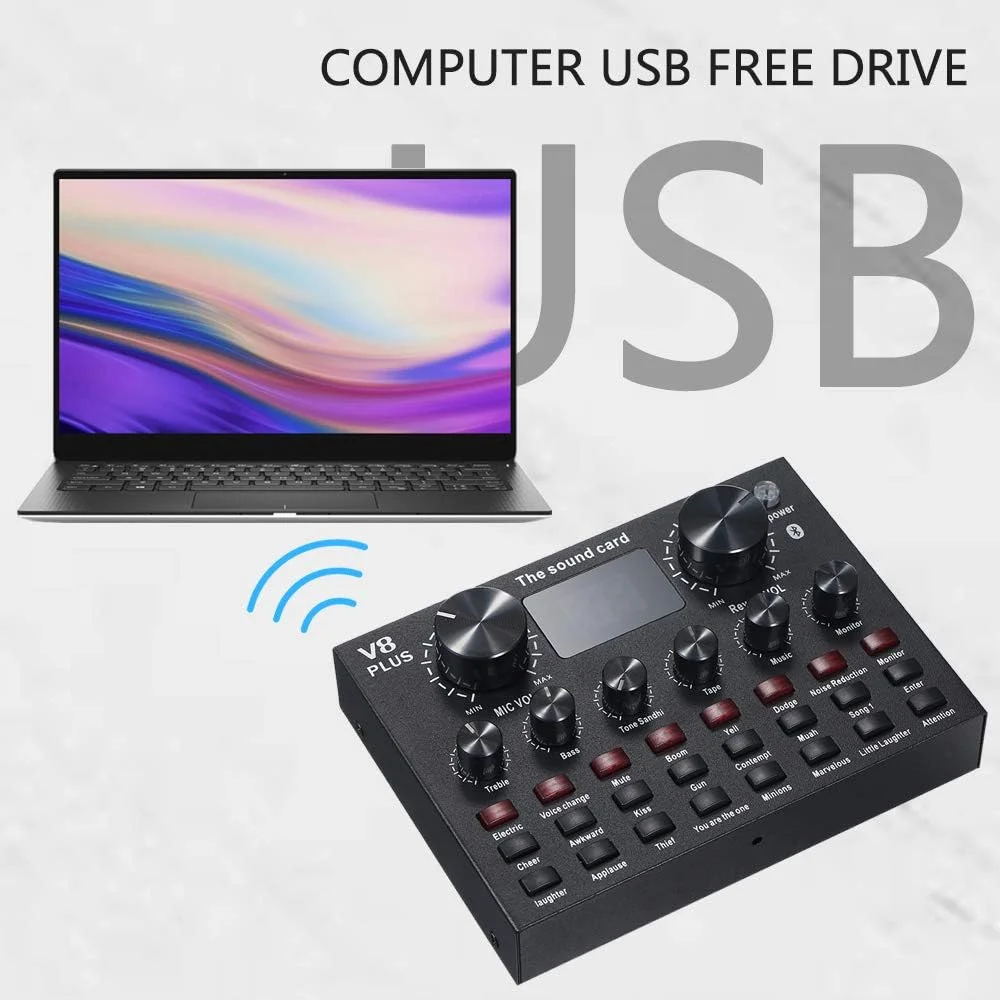 کارت صدای زنده Ca,V8 Plus با کابل USB و اتصال BT، افکت های صوتی همراهی، مناسب برای تلفن و کامپیوتر