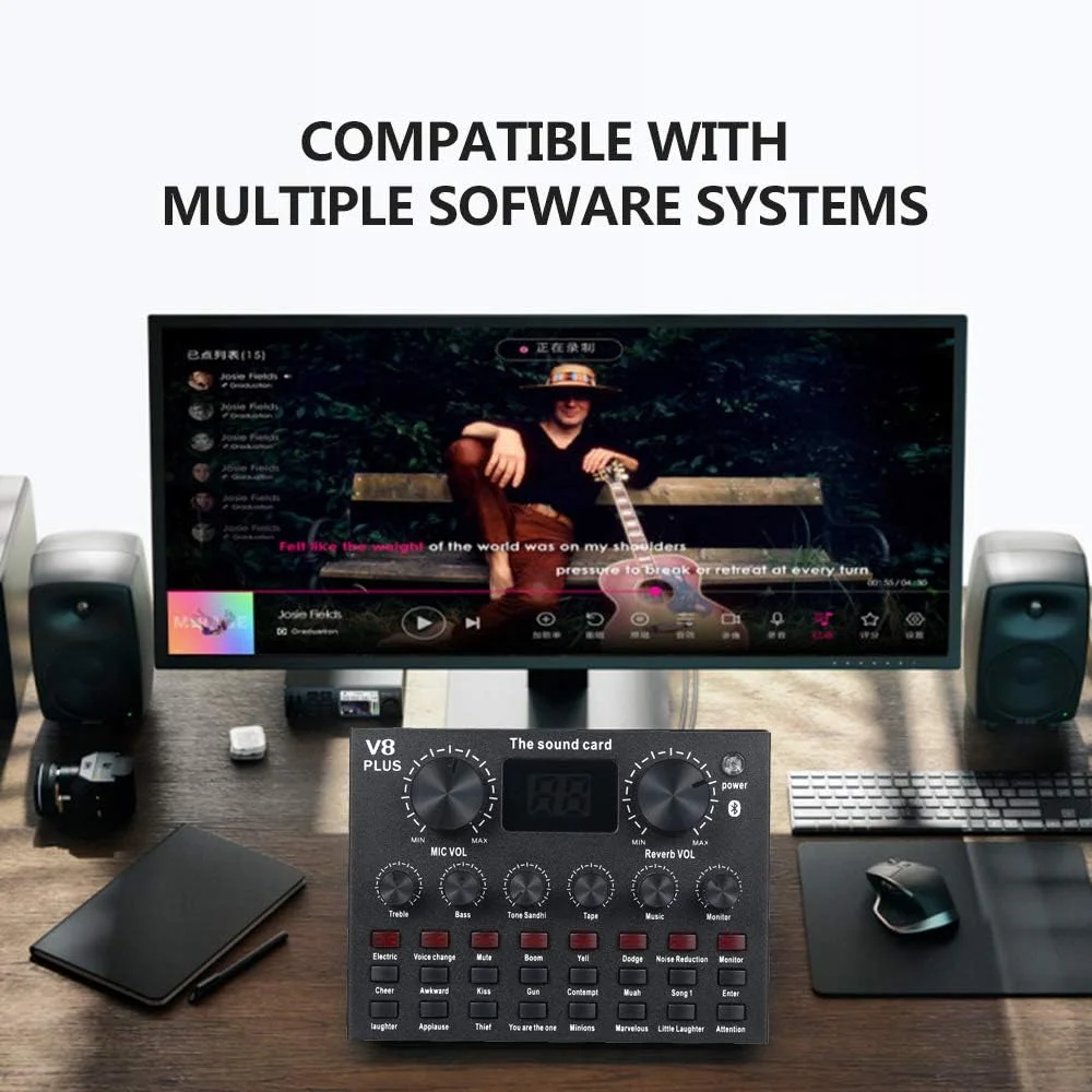 کارت صدای زنده Ca,V8 Plus با کابل USB و اتصال BT، افکت های صوتی همراهی، مناسب برای تلفن و کامپیوتر