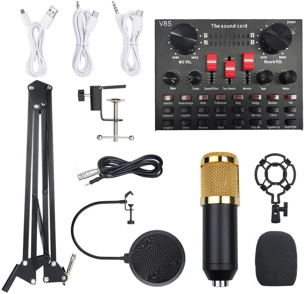 کارت صدا، کارت صدای زنده چند منظوره به همراه تجهیزات ضبط صدا میکروفون BM800 (مشکی و طلایی)