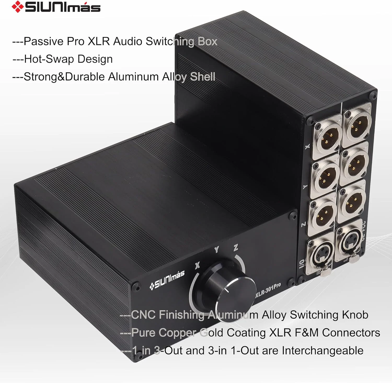 جعبه سوئیچینگ انتخابگر 3 کانال XLR پرو 3 پین، قابل تعویض 1 ورودی 3 خروجی / 3 ورودی 1 خروجی، انتخابگر صوتی استریو HiFi، مبدل صوتی بالانس، بدنه آلیاژ آلومینیوم با کیفیت، کانکتورهای XLR مسی خالص (MS-XLR-0103)