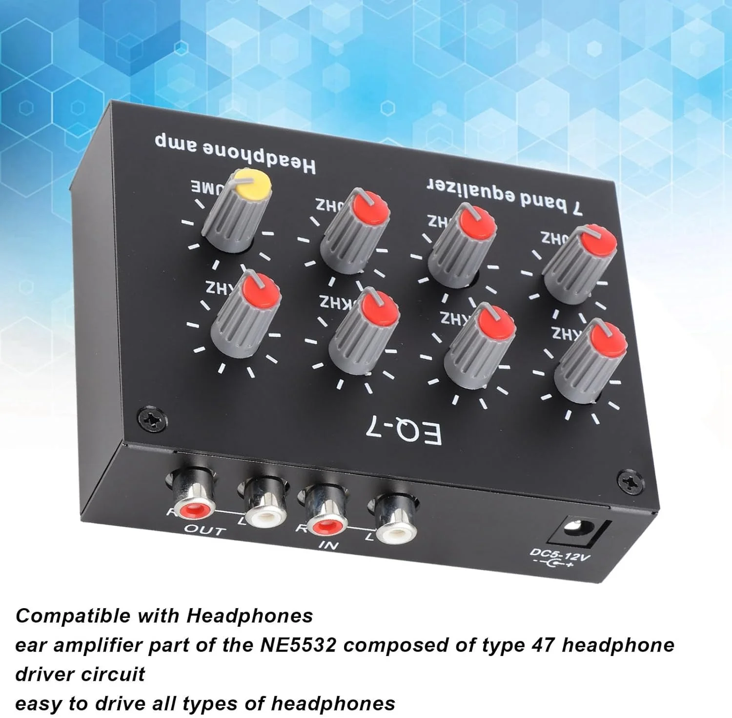 اکولایزر صوتی خودرو 7 باندی SIXRUN، دیجیتال دو کاناله، DC 5V-12V، با ورودی میکروفون، بدنه آلیاژ آلومینیوم