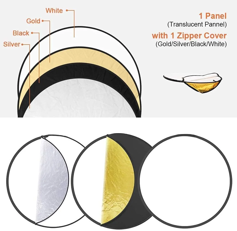 بازتابنده نور تاشو 5 در 1 عکاسی VTS سایز 42 اینچ، 5 رنگ سفید/مشکی/نقره ای/طلایی/شفاف به همراه گیره نگهدارنده بازتابنده برای استودیو عکس و فیلم داخلی و خارجی