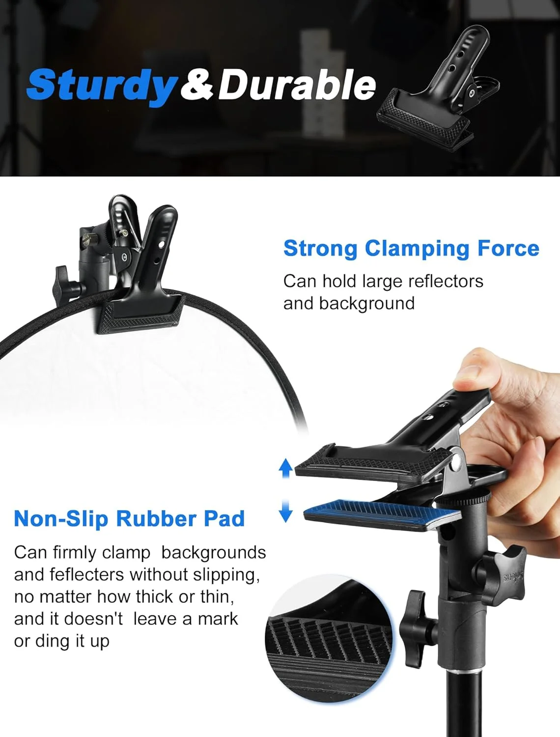 گیره نگهدارنده رفلکتور Selens با پایه فلاش اکسترنال و آداپتور پیچ 1/4 و 3/8 اینچ برای استودیو عکس، پرده سبز، پس زمینه، چتر و پایه نور