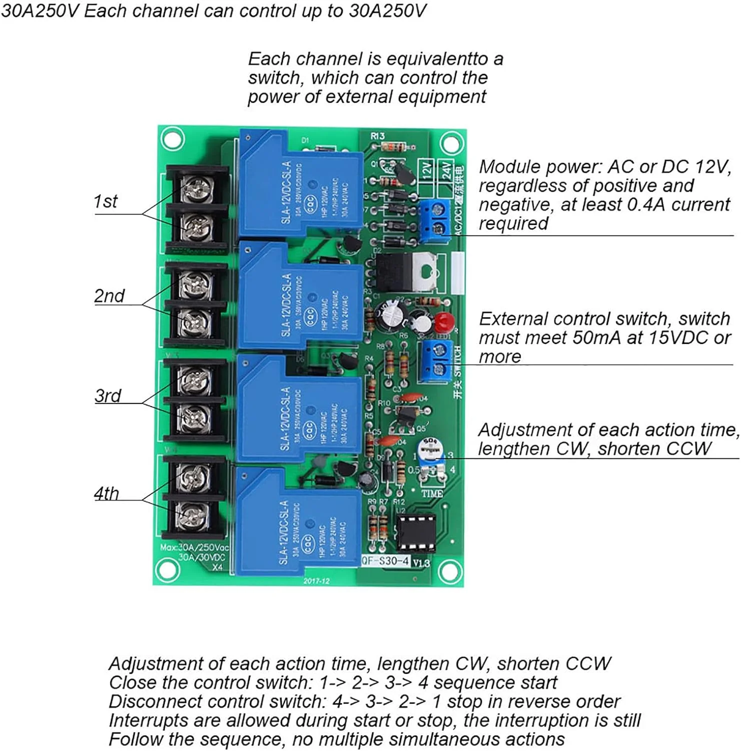 ماژول کنترل کننده ترتیبی قابل تنظیم برد توالی زمانی قدرت 30 آمپر 0.5-4 ثانیه 4 کانال CW CCW