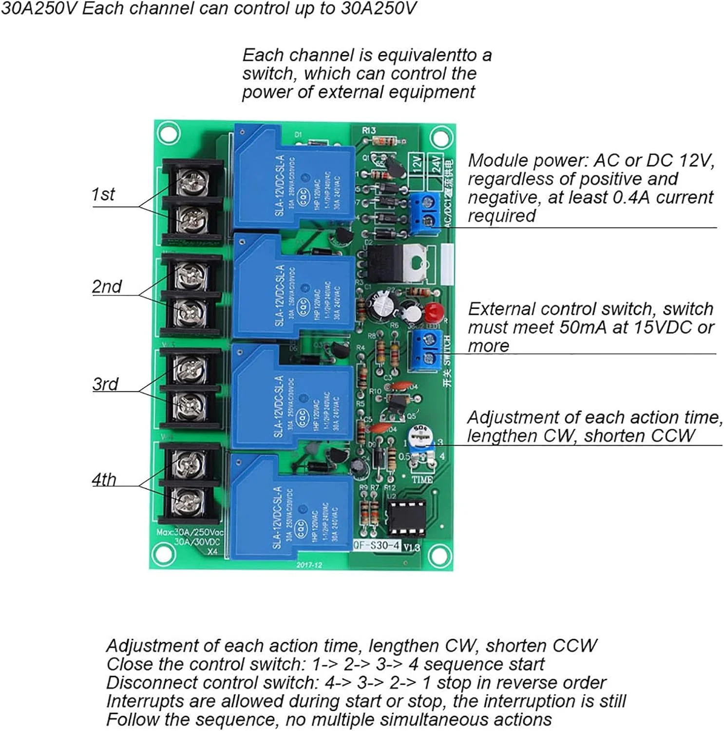 ماژول کنترلر ترتیبی 4 کاناله قابل تنظیم با برد توالی زمانی، 30 آمپر 0.5-4 ثانیه برای مصارف صنعتی ماژول کنترلر ترتیبی 4 کاناله قابل تنظیم با برد توالی زمانی، 30 آمپر 0.5-4 ثانیه برای مصارف صنعتی