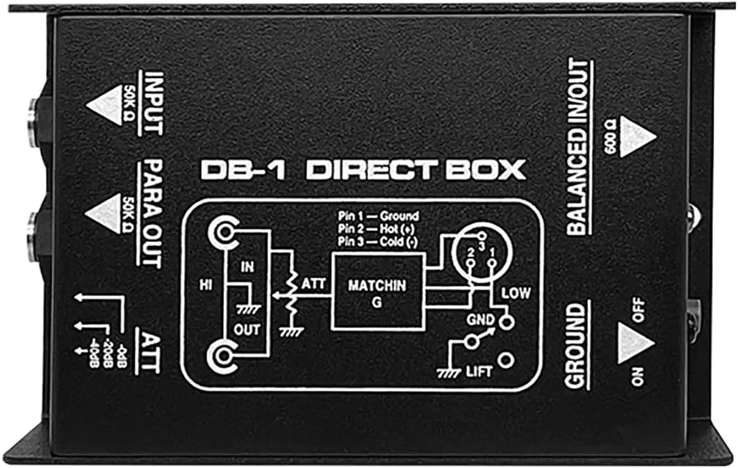 تبدیل کننده سیگنال DI-Box پسیو تک کاناله حرفه ای Sarini با رابط های XLR و TRS برای اجرای زنده گیتار الکتریک و بیس