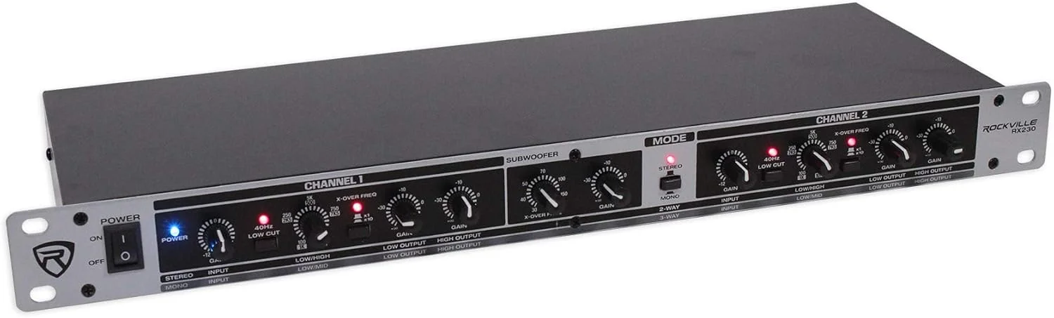کراس‌اوور استریو 2 طرفه / مونو 3 طرفه Rockville RX230، ورودی/خروجی XLR، فرکانس‌های قابل تنظیم، فیلتر Low-Cut، طراحی جمع و جور، برای دی‌جی‌ها و مهندسان صدای زنده