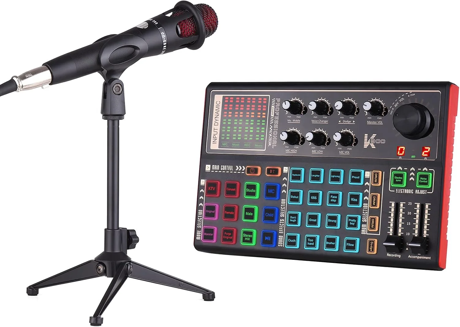 کارت صدای اکسترنال 300، تغییر دهنده صدا، میکسر صوتی، باتری قابل شارژ داخلی، افکت های صوتی متعدد به همراه میکروفون، پایه میکروفون و هدفون برای پخش زنده، ضبط موسیقی و گوشی های هوشمند