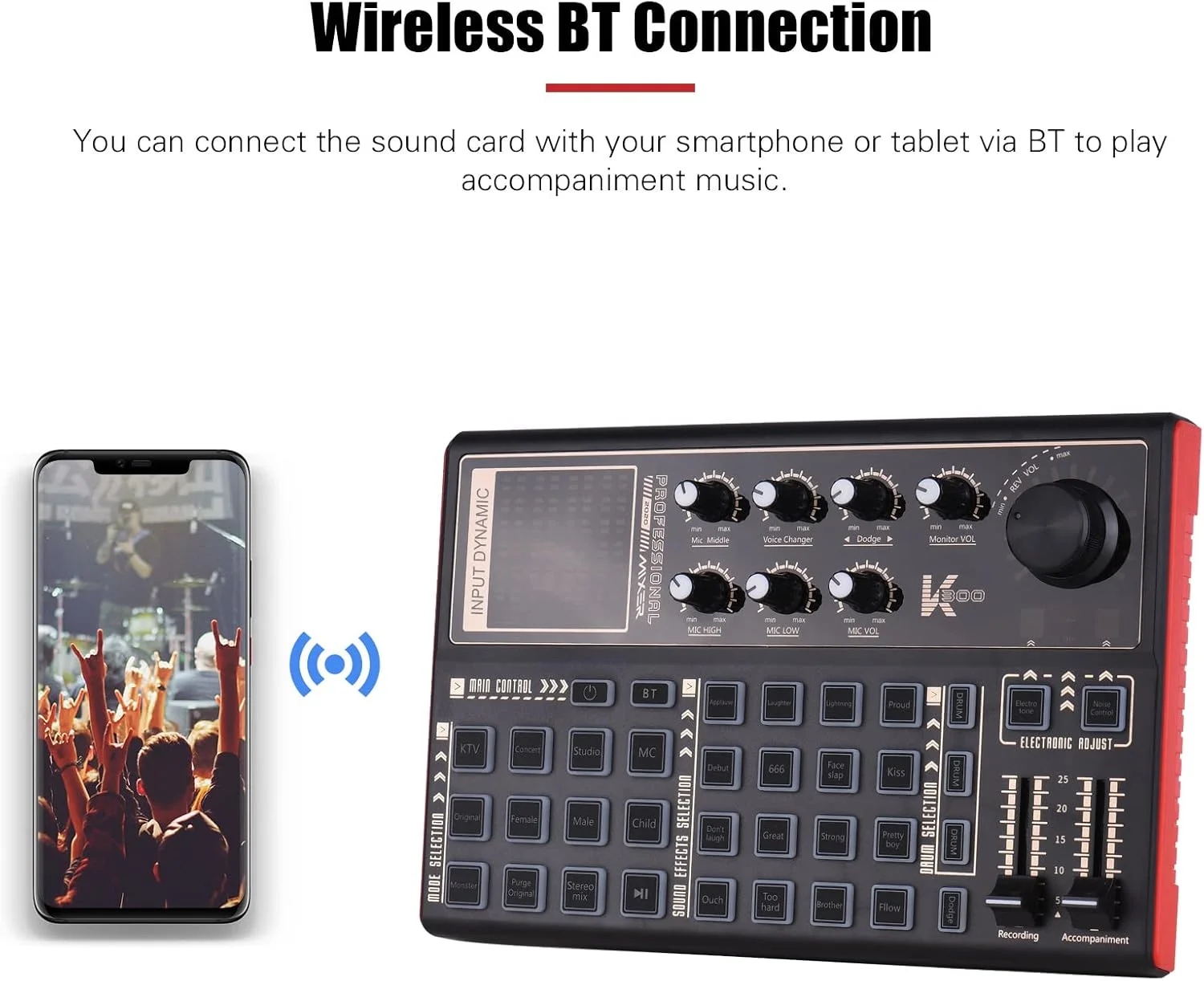 کارت صدای اکسترنال 300، تغییر دهنده صدا، میکسر صوتی، باتری قابل شارژ داخلی، افکت های صوتی متعدد به همراه میکروفون، پایه میکروفون و هدفون برای پخش زنده، ضبط موسیقی و گوشی های هوشمند